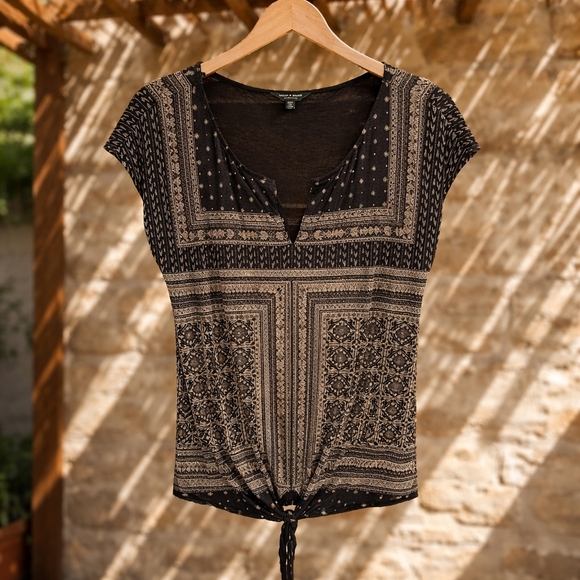 Lucky Brand Boho Tie-Front Notch Neck Top - Black & Taupe Medium Great Condition - Picture 8 of 12